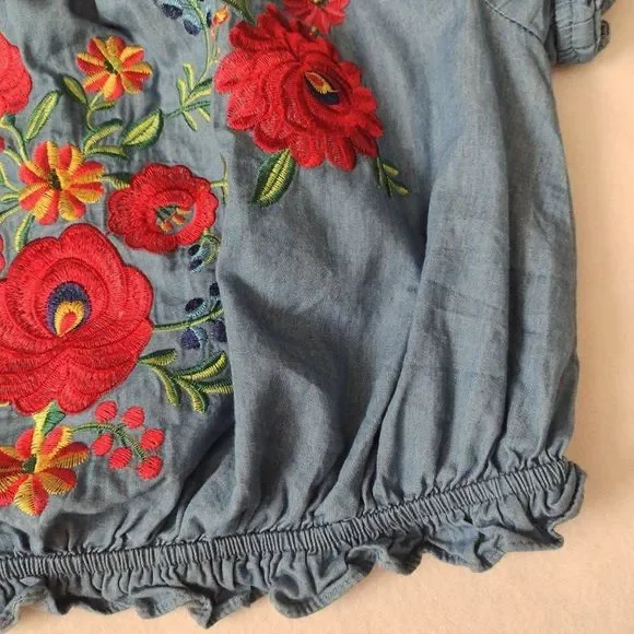 SALE Forever 21 Embroidered Crop Peasant Top L Off Shoulder Chambray - Picture 6 of 10